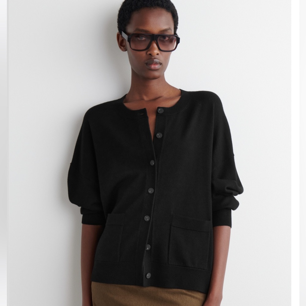 COS Merino Wool Crew-neck Cardigan In Black